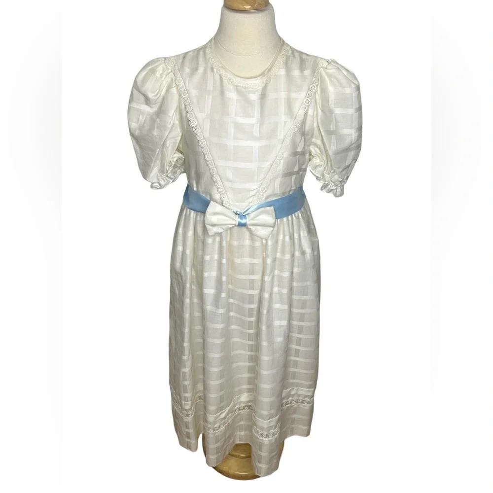 Vintage Cary of San Francisco girls white check dress blue belt eyelet lace sz 8